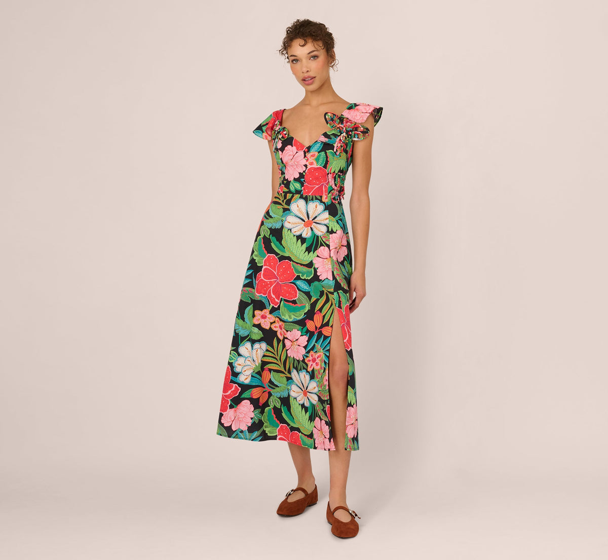 3D Tropical Floral Cotton A Line Midi Dress - Black Multi | Adrianna Papell