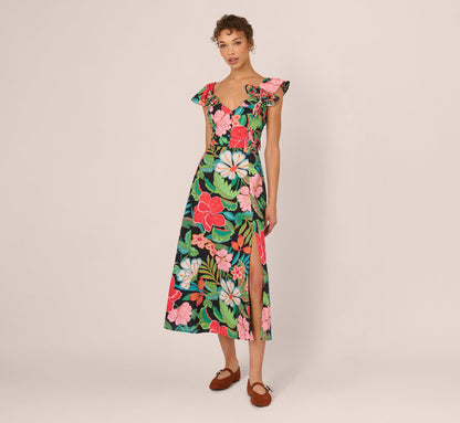 3D Tropical Floral Cotton A Line Midi Dress - Black Multi | Adrianna Papell