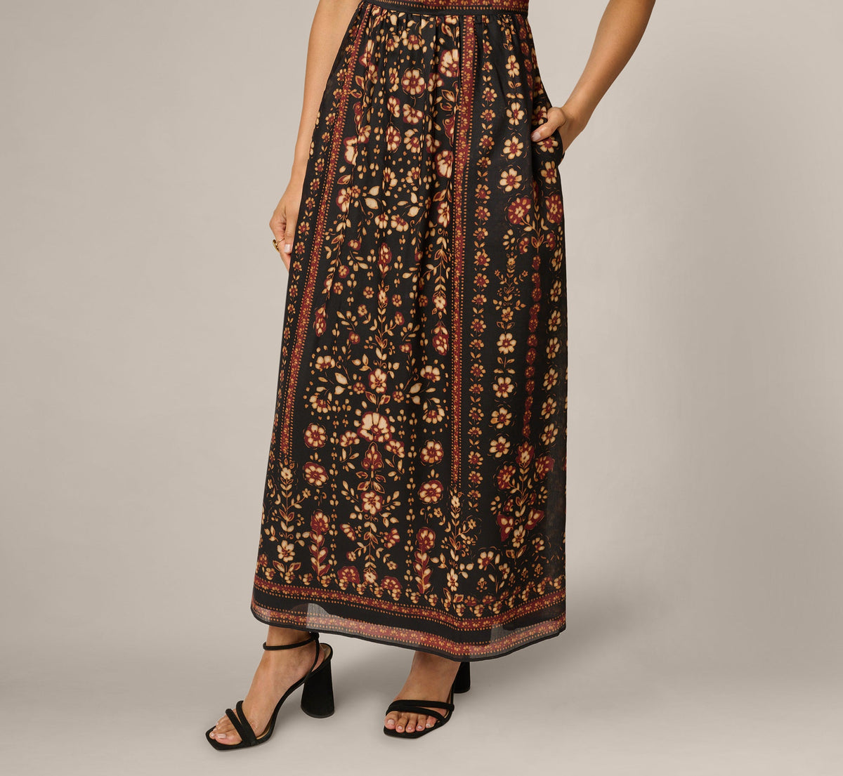 Floral Stripe Print Maxi Sundress - Black Multi | Adrianna Papell