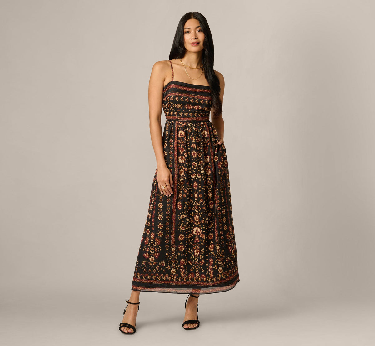 Floral Stripe Print Maxi Sundress - Black Multi | Adrianna Papell