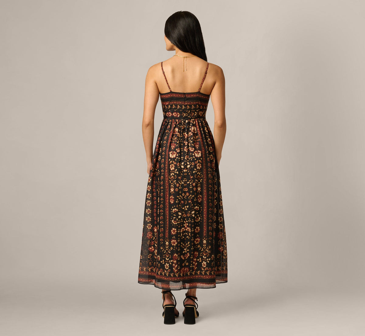 Floral Stripe Print Maxi Sundress - Black Multi | Adrianna Papell