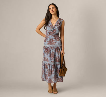 Vintage Floral Lace Trim Ruffle Maxi Dress - Dusty Blue Multi | Adrianna Papell