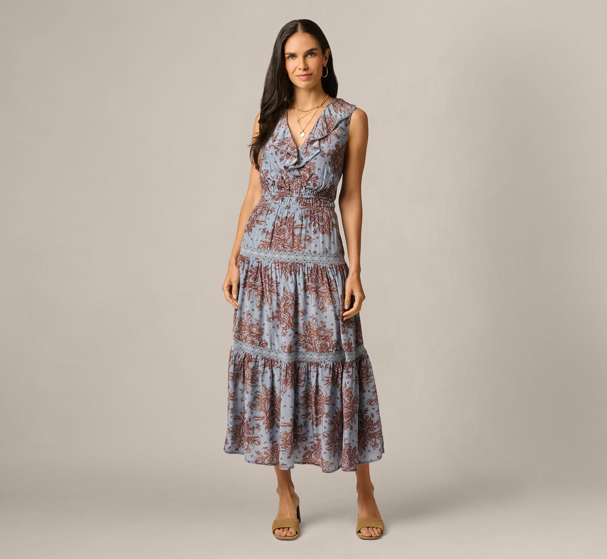 Vintage Floral Lace Trim Ruffle Maxi Dress - Dusty Blue Multi | Adrianna Papell