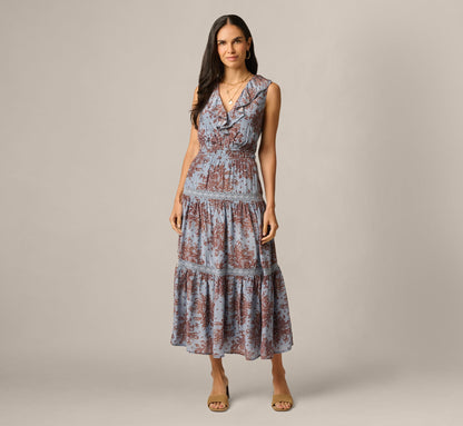 Vintage Floral Lace Trim Ruffle Maxi Dress - Dusty Blue Multi | Adrianna Papell