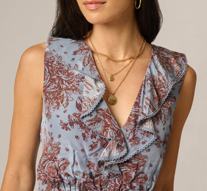 Vintage Floral Lace Trim Ruffle Maxi Dress - Dusty Blue Multi | Adrianna Papell