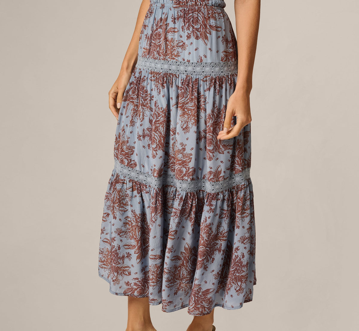 Vintage Floral Lace Trim Ruffle Maxi Dress - Dusty Blue Multi | Adrianna Papell