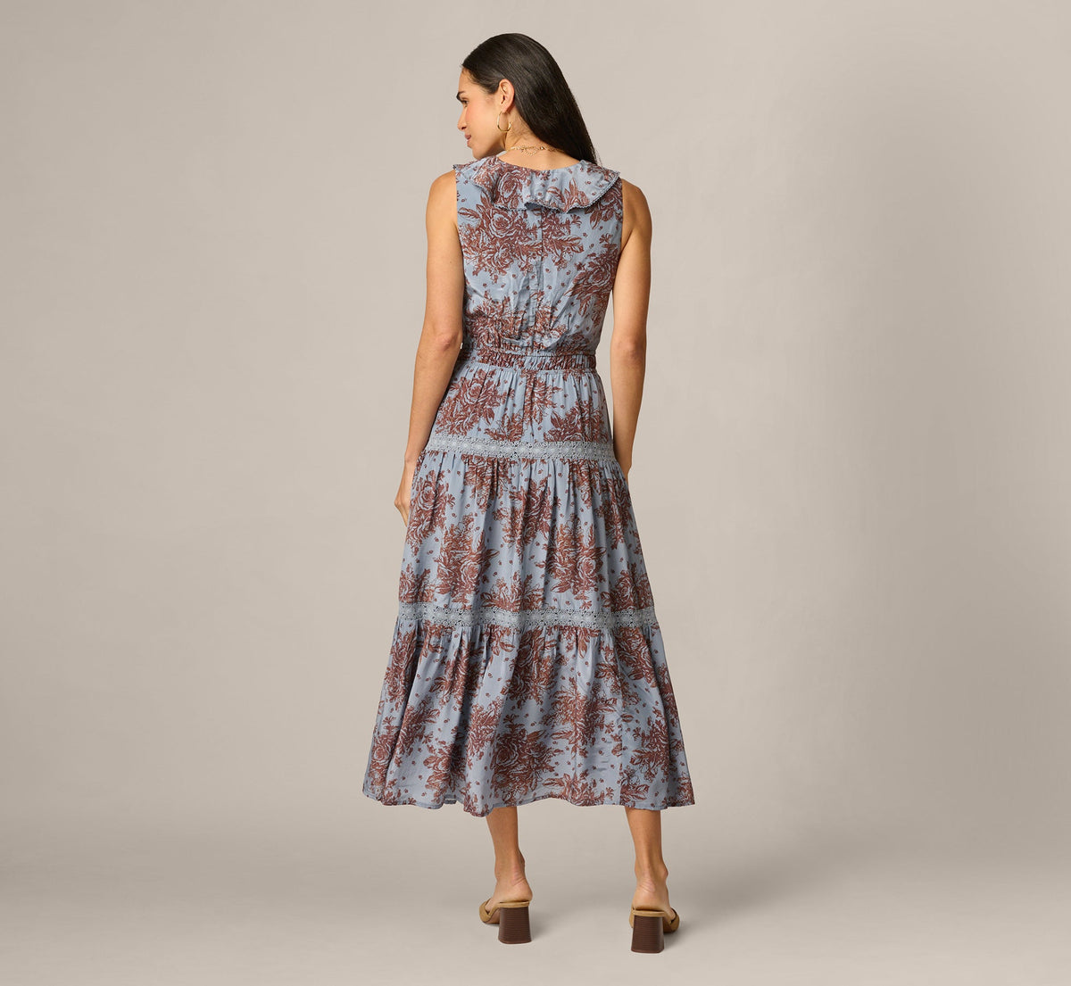 Vintage Floral Lace Trim Ruffle Maxi Dress - Dusty Blue Multi | Adrianna Papell