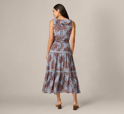 Vintage Floral Lace Trim Ruffle Maxi Dress - Dusty Blue Multi | Adrianna Papell