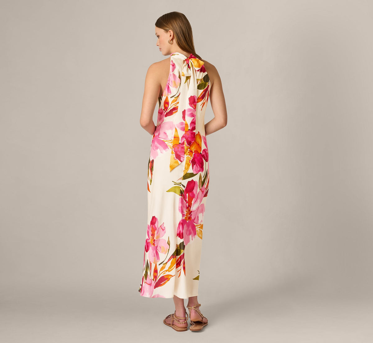Floral Printed Satin Midi Halter Dress - Champagne Multi | Adrianna Papell