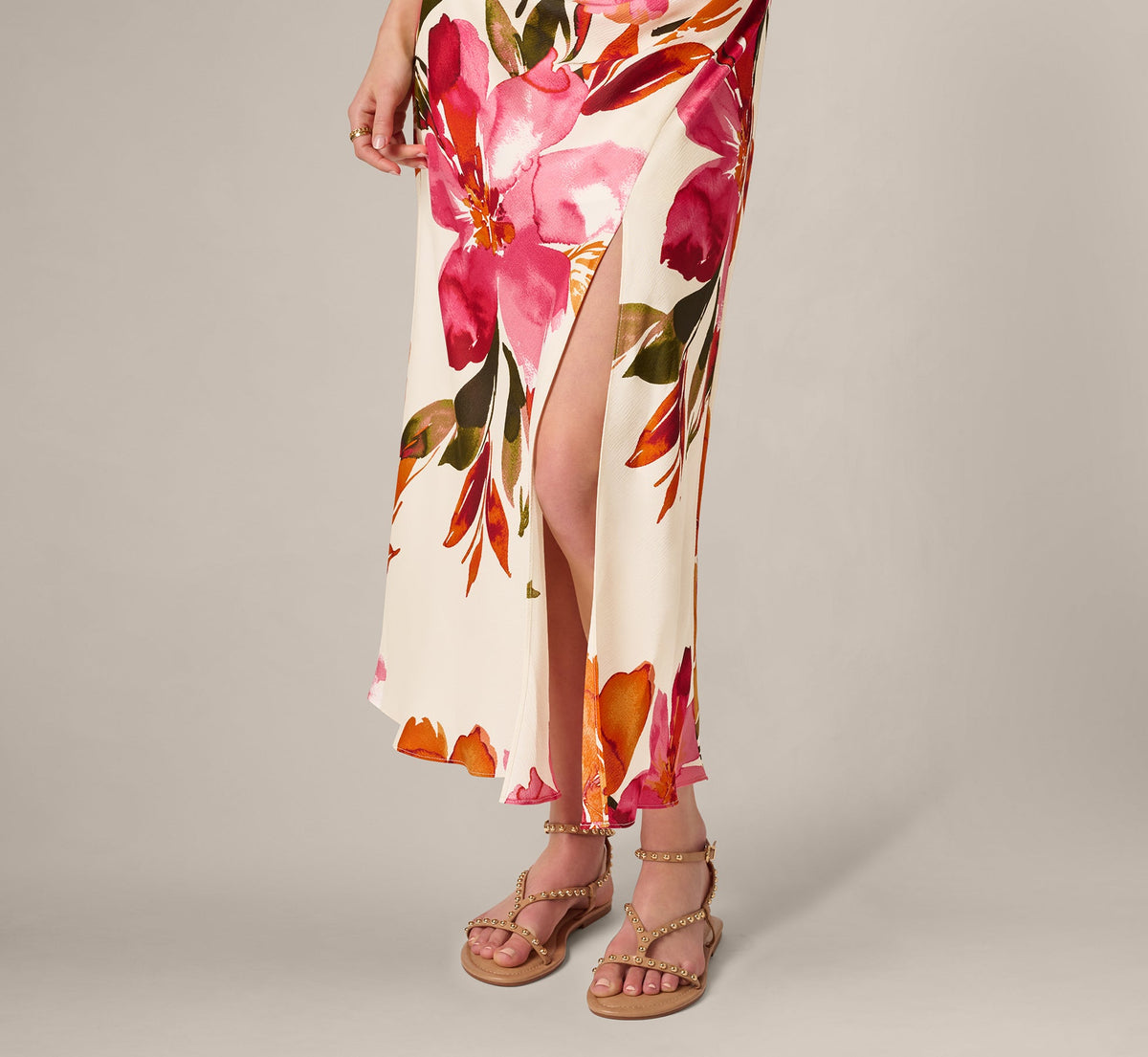 Floral Printed Satin Midi Halter Dress - Champagne Multi | Adrianna Papell