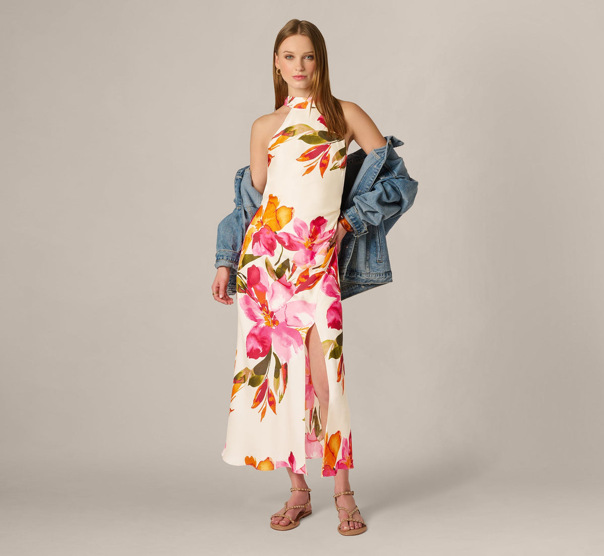 Floral Printed Satin Midi Halter Dress - Champagne Multi | Adrianna Papell