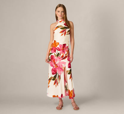 Floral Printed Satin Midi Halter Dress - Champagne Multi | Adrianna Papell