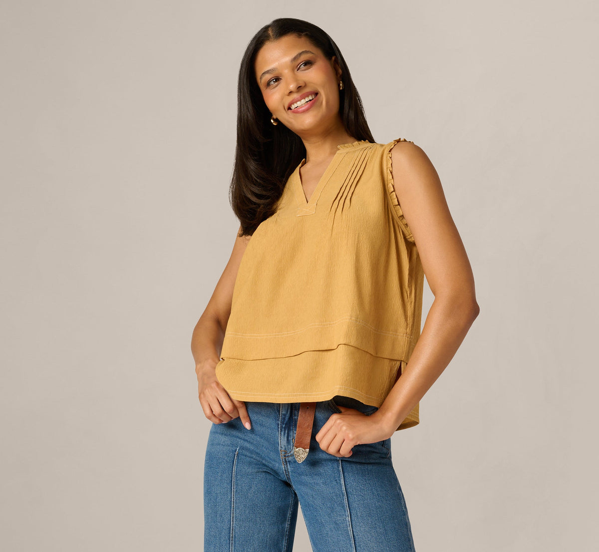 Pintuck Ruffle Crinkle Tank Top - Golden Maize Ivory | Adrianna Papell
