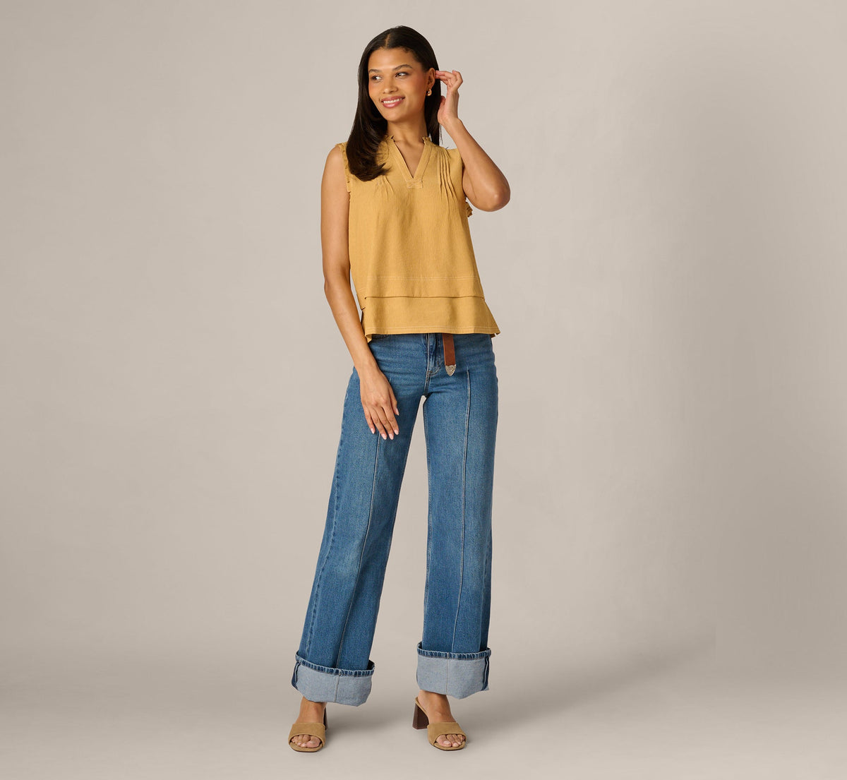 Pintuck Ruffle Crinkle Tank Top - Golden Maize Ivory | Adrianna Papell