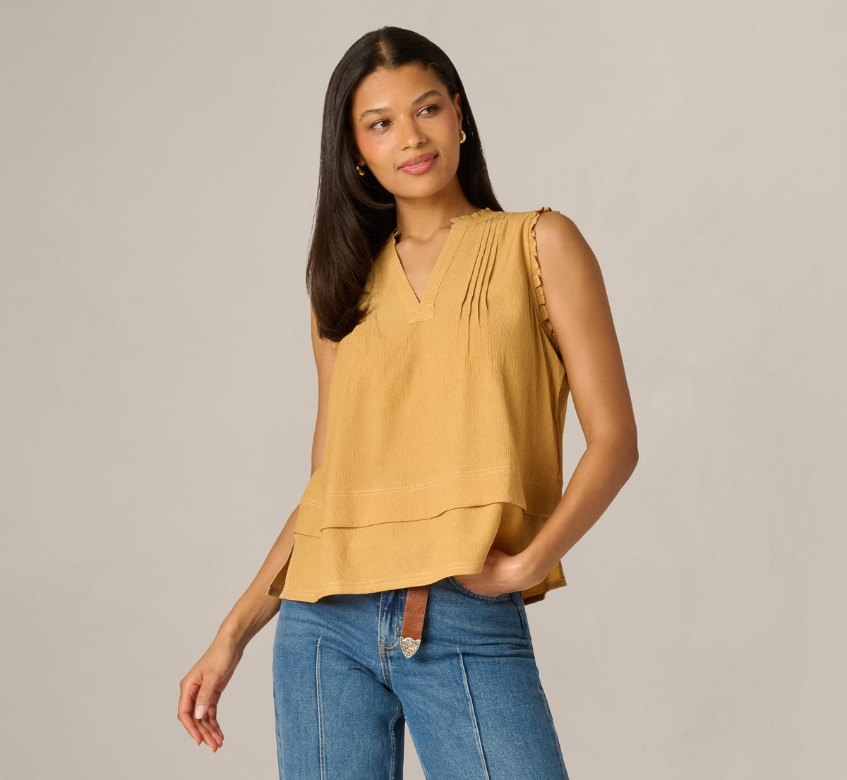 Pintuck Ruffle Crinkle Tank Top - Golden Maize Ivory | Adrianna Papell