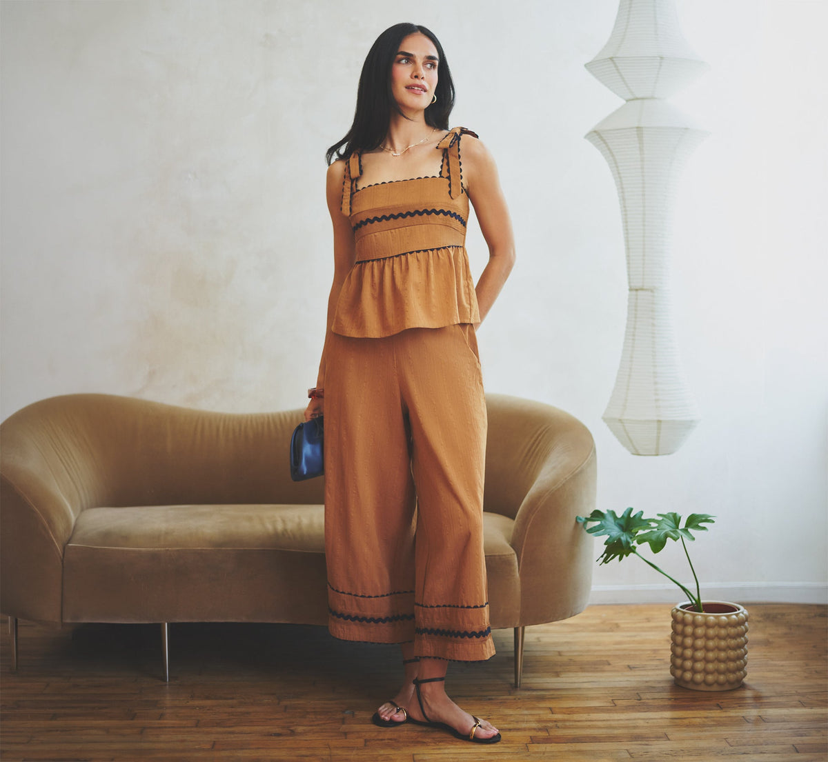 Cotton Bow Shoulder Babydoll Tank Top - Camel Blue Moon | Adrianna Papell