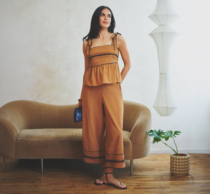 Cotton Bow Shoulder Babydoll Tank Top - Camel Blue Moon | Adrianna Papell