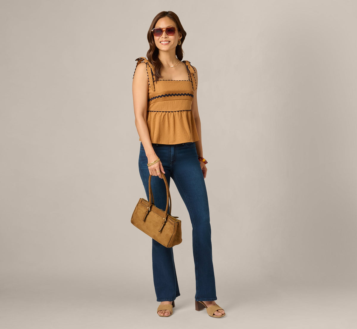Cotton Bow Shoulder Babydoll Tank Top - Camel Blue Moon | Adrianna Papell