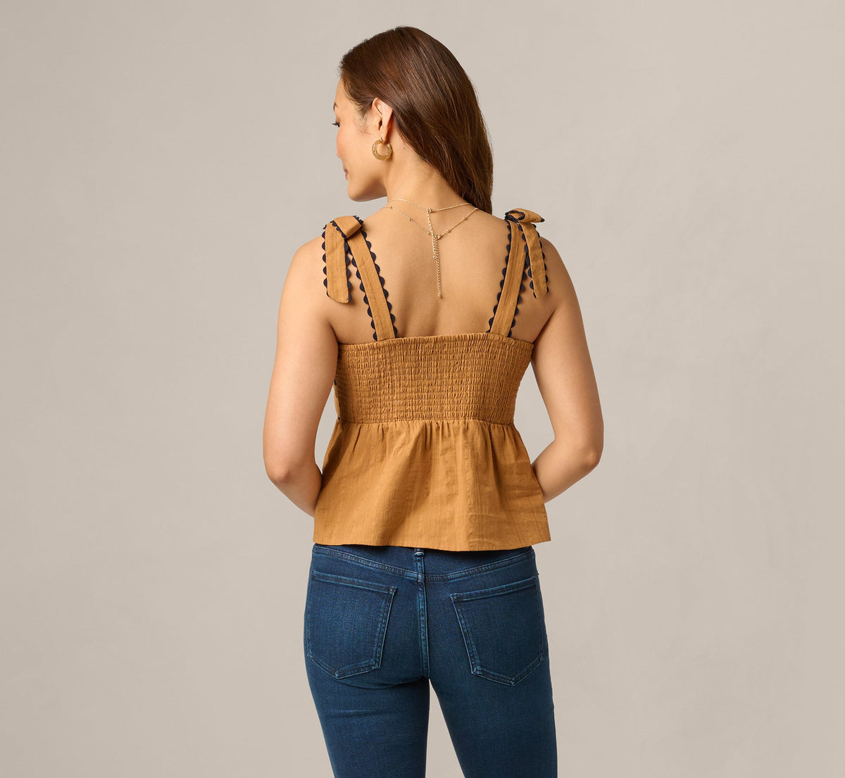 Cotton Bow Shoulder Babydoll Tank Top - Camel Blue Moon | Adrianna Papell