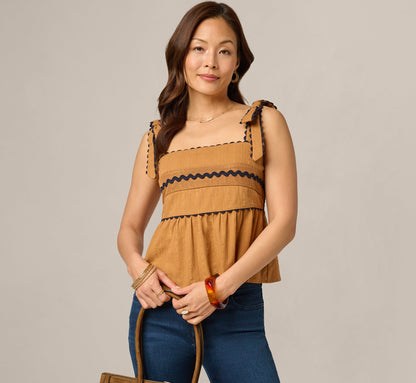 Cotton Bow Shoulder Babydoll Tank Top - Camel Blue Moon | Adrianna Papell