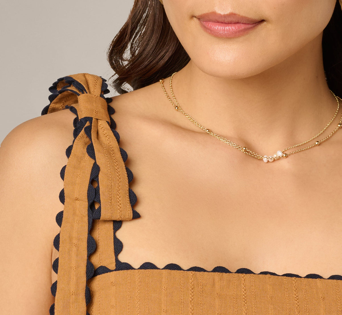 Cotton Bow Shoulder Babydoll Tank Top - Camel Blue Moon | Adrianna Papell