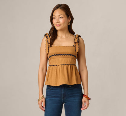 Cotton Bow Shoulder Babydoll Tank Top - Camel Blue Moon | Adrianna Papell