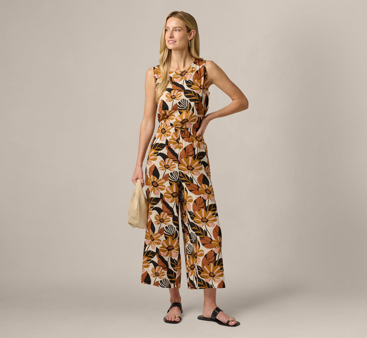 Pull On Cropped Wide Leg Pant - Cream Tapenade Floral | Adrianna Papell