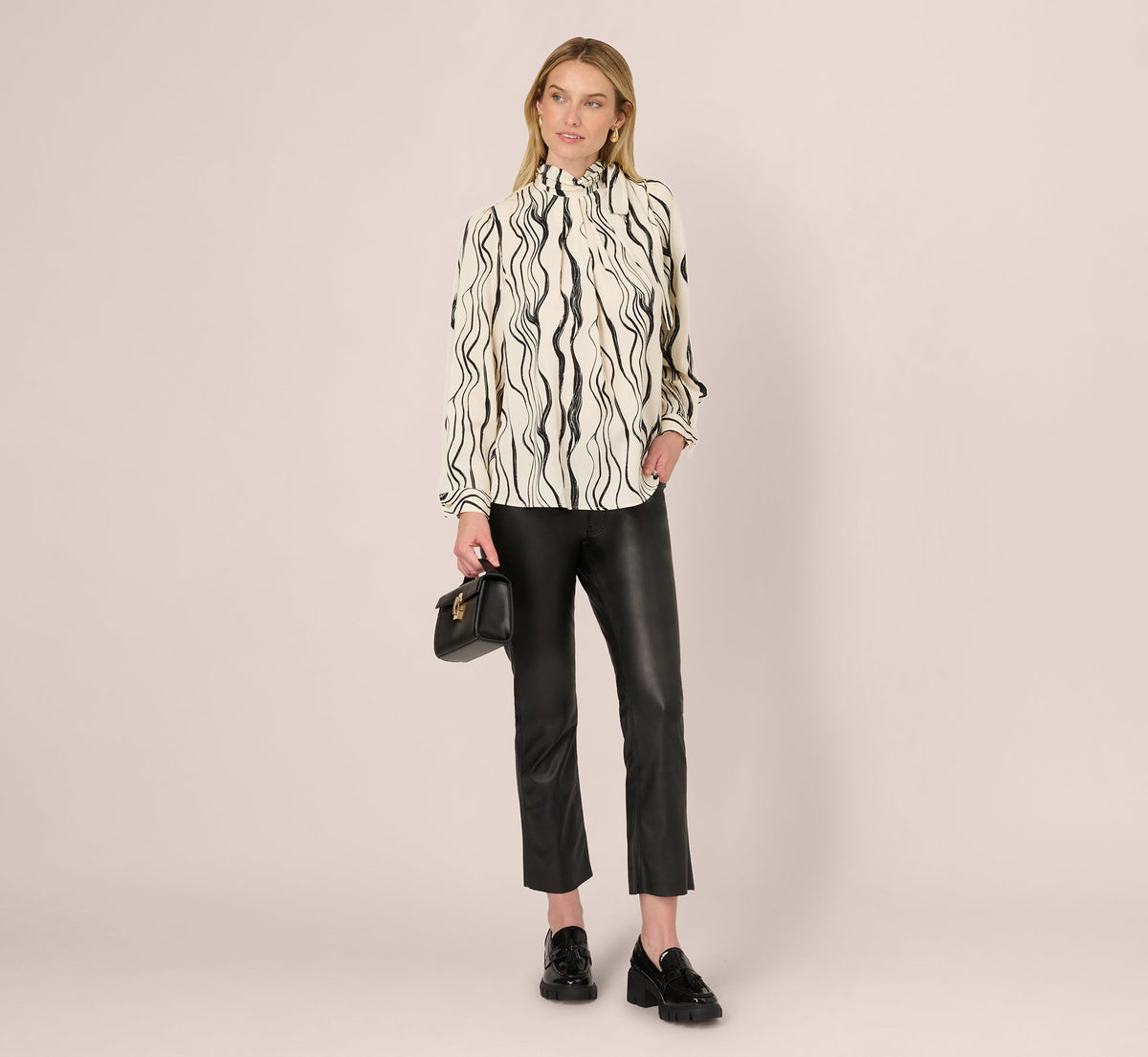 Long Sleeve Tie Neck Blouse - Ivory Black Abstract Brush | Adrianna Papell