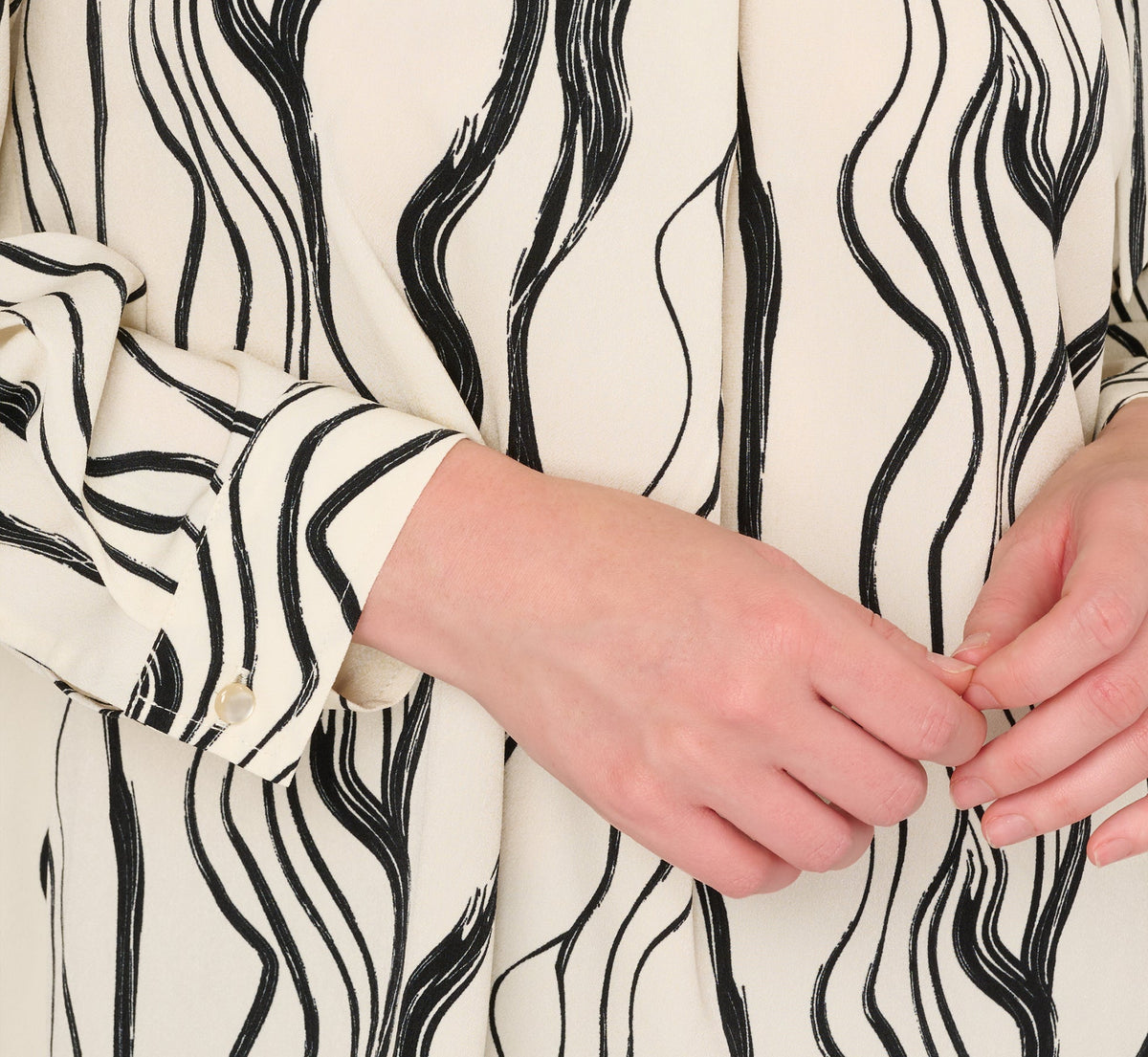 Long Sleeve Tie Neck Blouse - Ivory Black Abstract Brush | Adrianna Papell