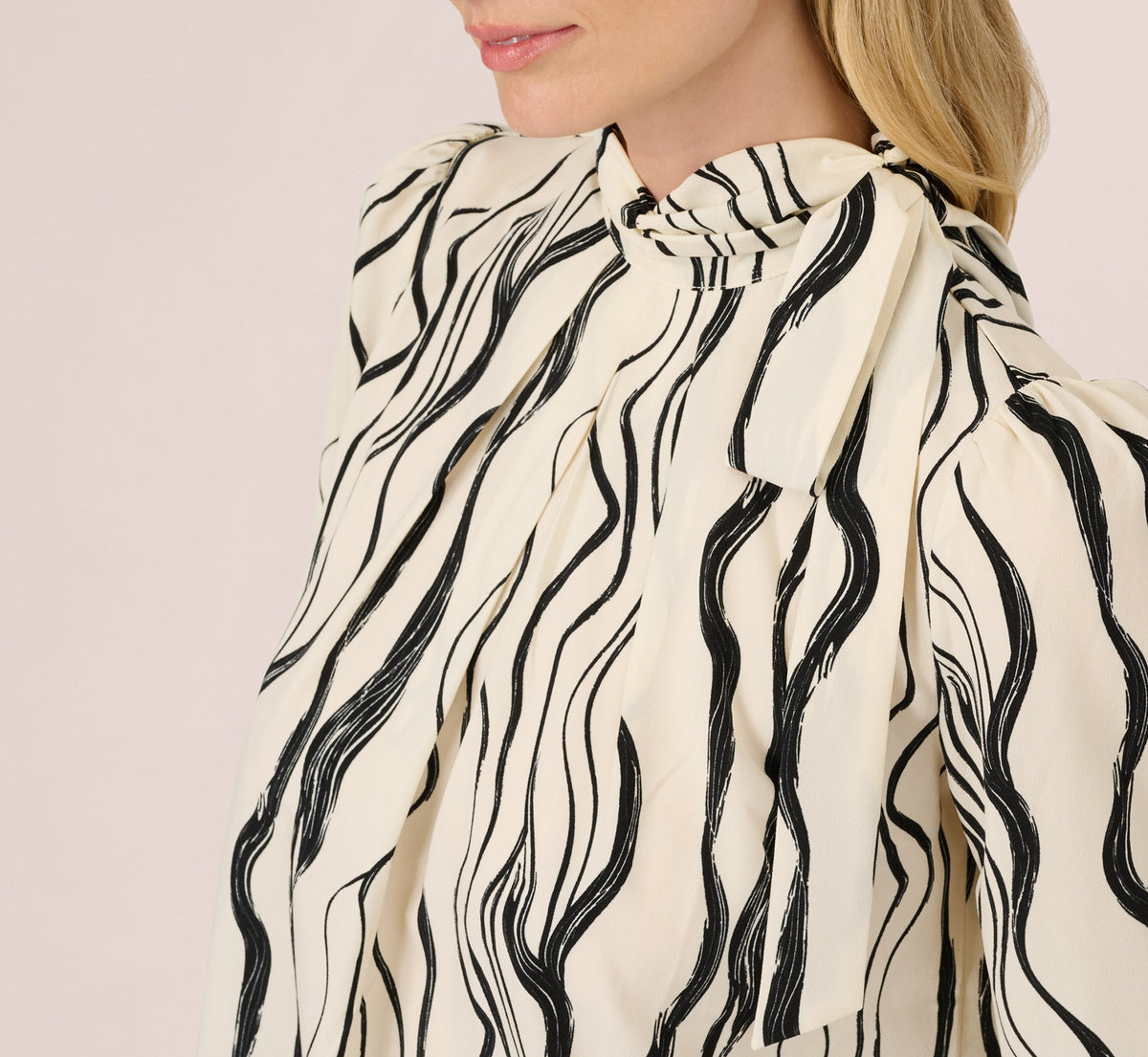 Long Sleeve Tie Neck Blouse - Ivory Black Abstract Brush | Adrianna Papell