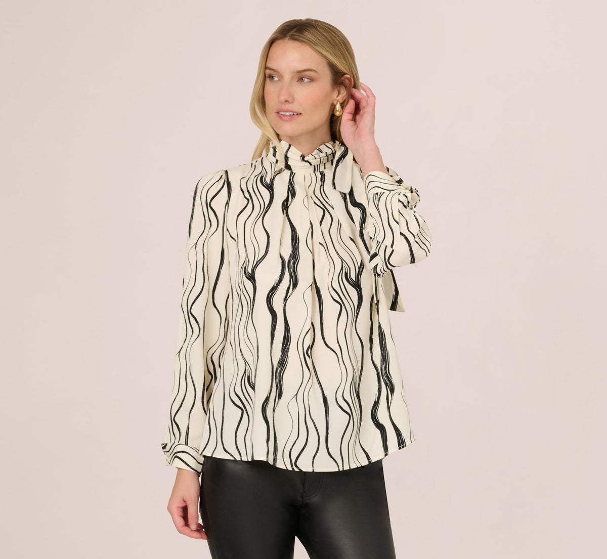 Long Sleeve Tie Neck Blouse - Ivory Black Abstract Brush | Adrianna Papell