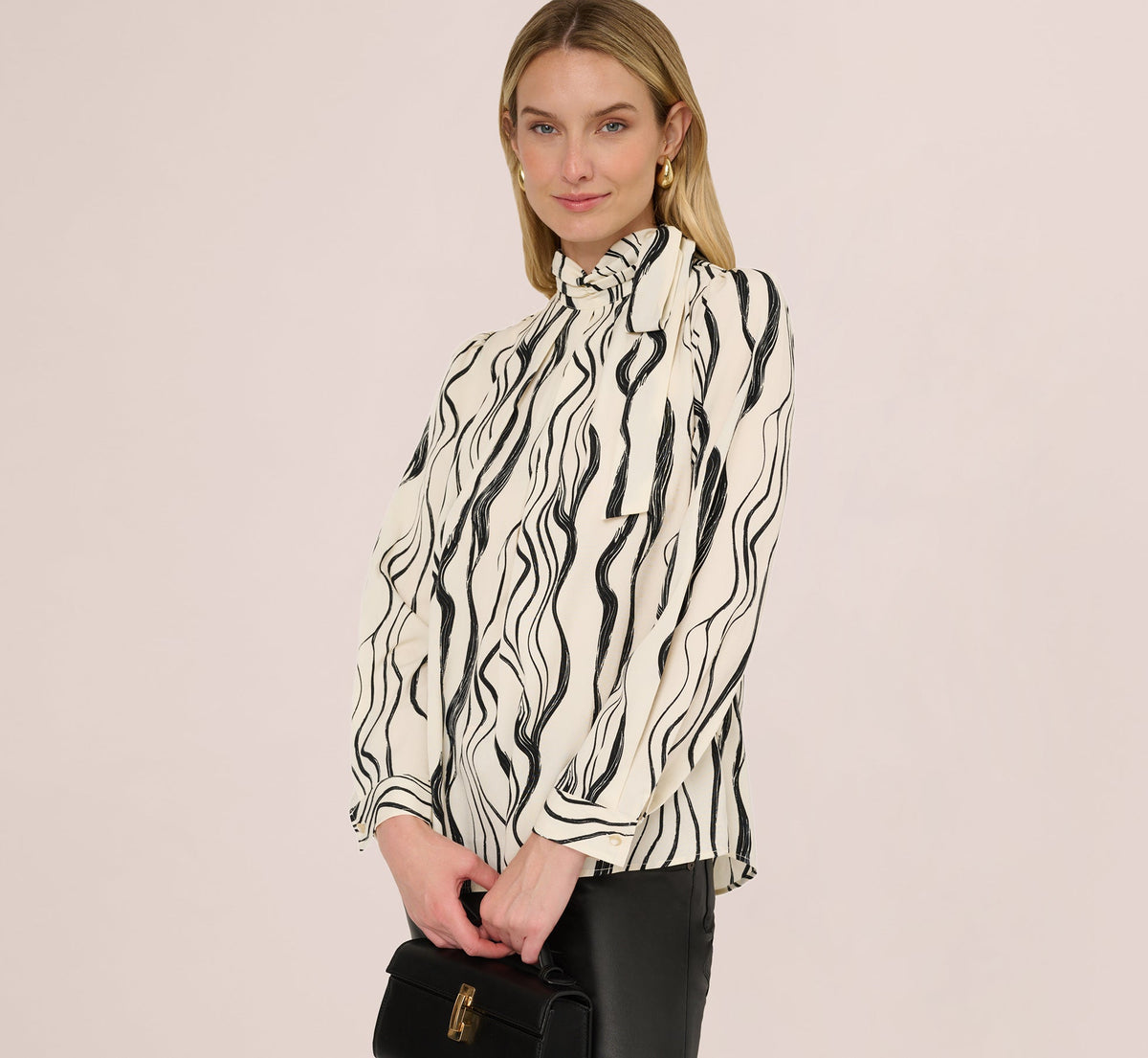 Long Sleeve Tie Neck Blouse - Ivory Black Abstract Brush | Adrianna Papell