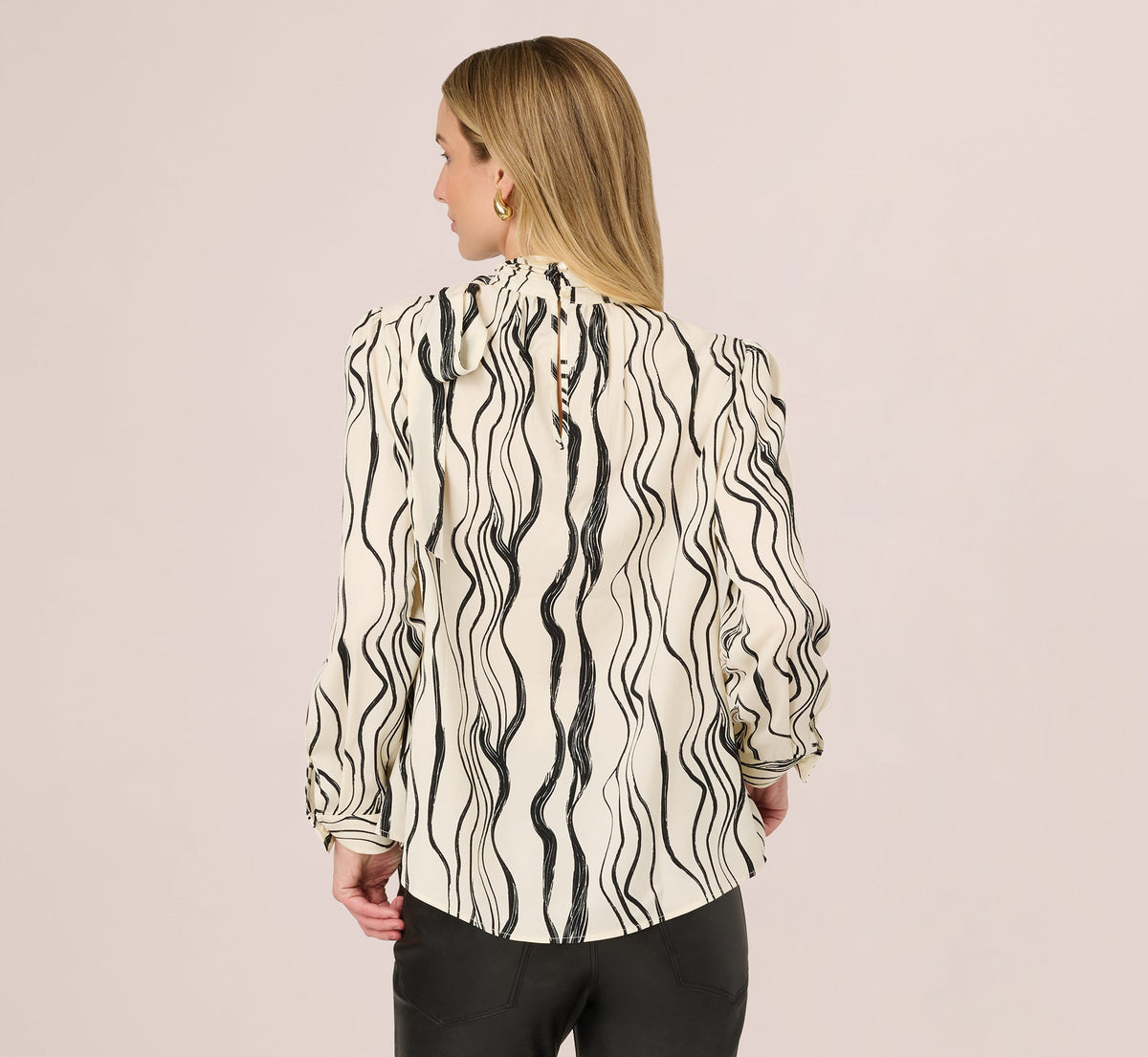 Long Sleeve Tie Neck Blouse - Ivory Black Abstract Brush | Adrianna Papell