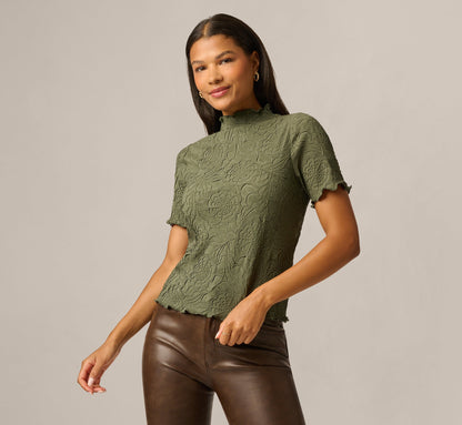 Short Sleeve Floral Embossed Knit Top - Olivine | Adrianna Papell