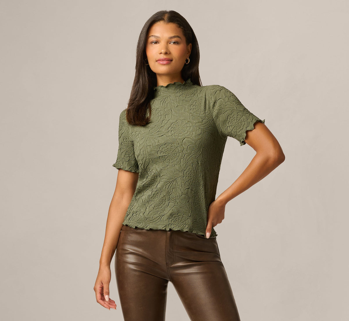 Short Sleeve Floral Embossed Knit Top - Olivine | Adrianna Papell