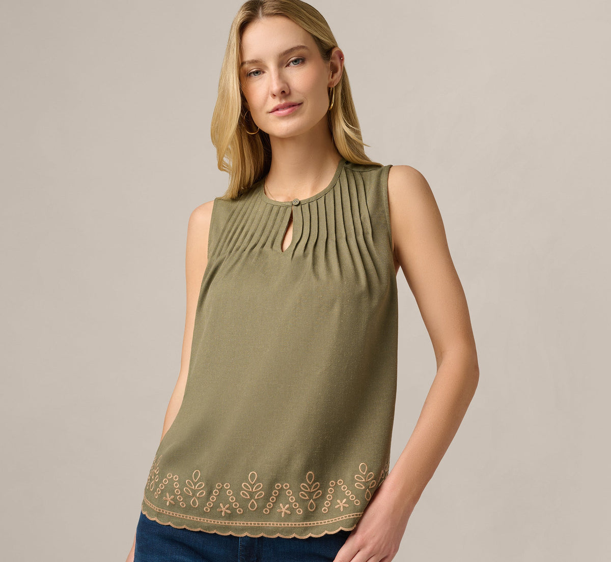 Embroidered Pintuck Keyhole Tank Top - Olive Tree Taos Taupe | Adrianna Papell