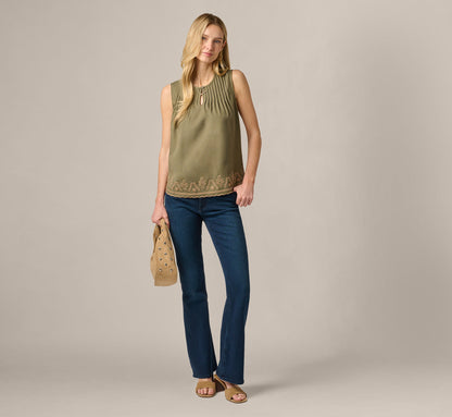 Embroidered Pintuck Keyhole Tank Top - Olive Tree Taos Taupe | Adrianna Papell