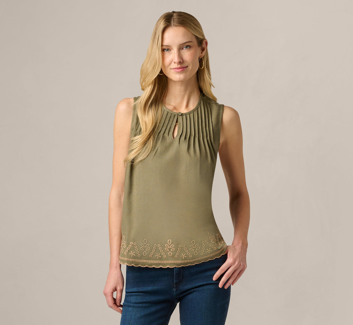 Embroidered Pintuck Keyhole Tank Top - Olive Tree Taos Taupe | Adrianna Papell