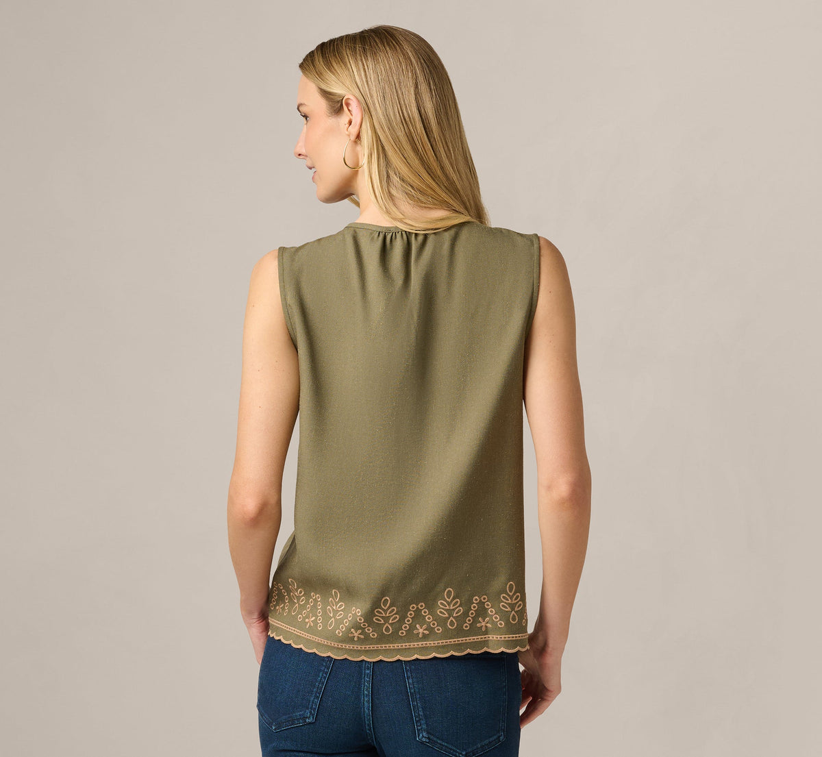 Embroidered Pintuck Keyhole Tank Top - Olive Tree Taos Taupe | Adrianna Papell