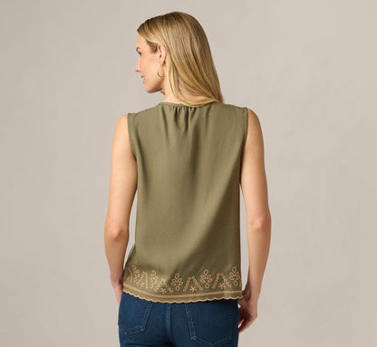 Embroidered Pintuck Keyhole Tank Top - Olive Tree Taos Taupe | Adrianna Papell