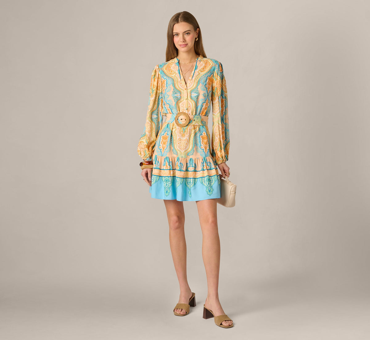 Bishop Sleeve Paisley Print Belted Short Dress - Peach Multi | Adrianna Papell