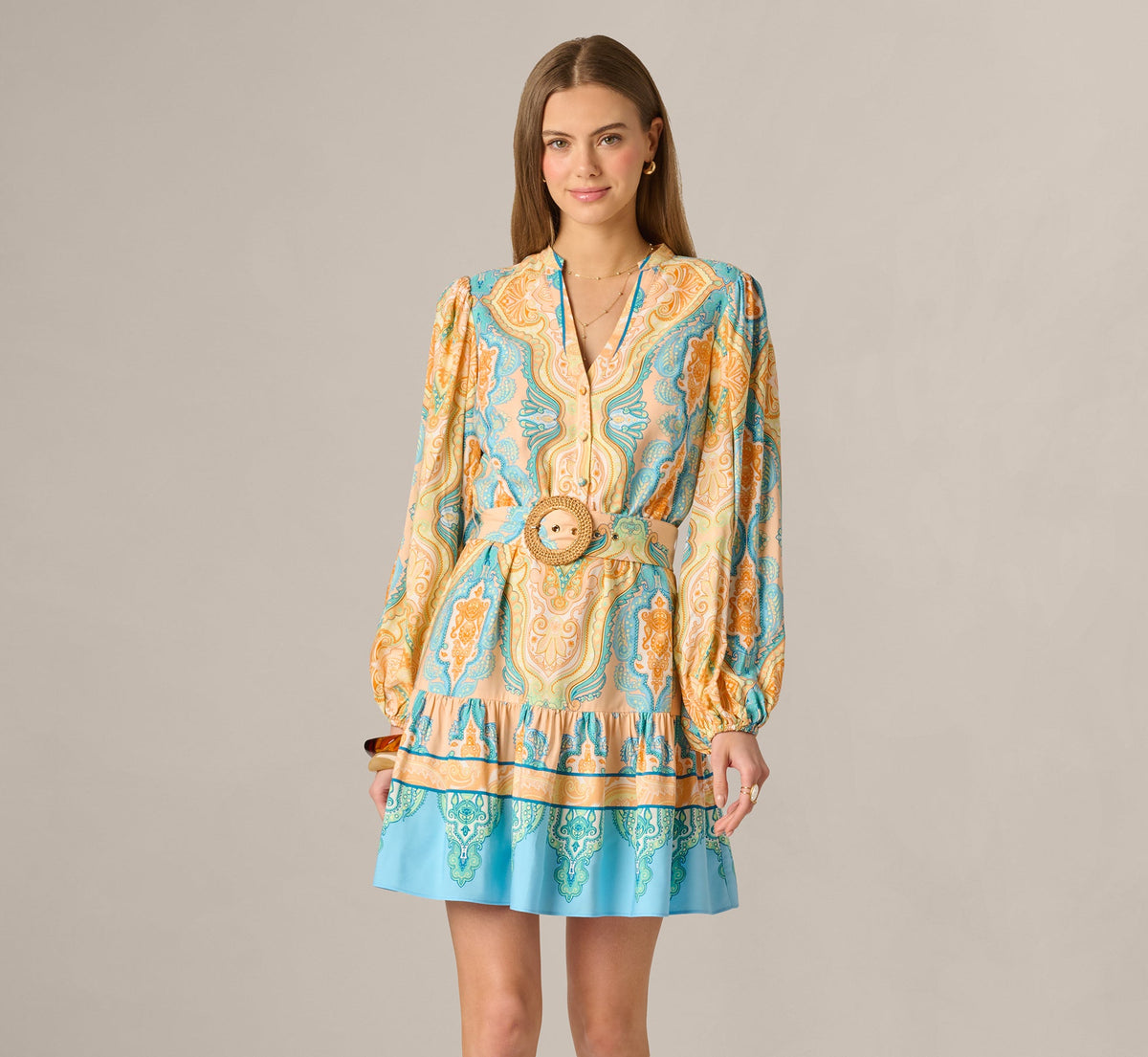 Bishop Sleeve Paisley Print Belted Short Dress - Peach Multi | Adrianna Papell