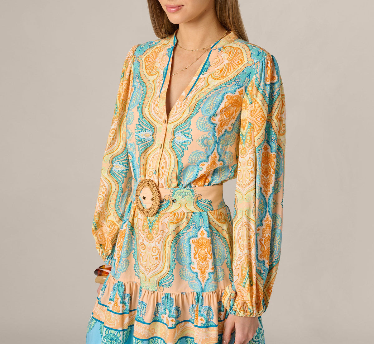 Bishop Sleeve Paisley Print Belted Short Dress - Peach Multi | Adrianna Papell