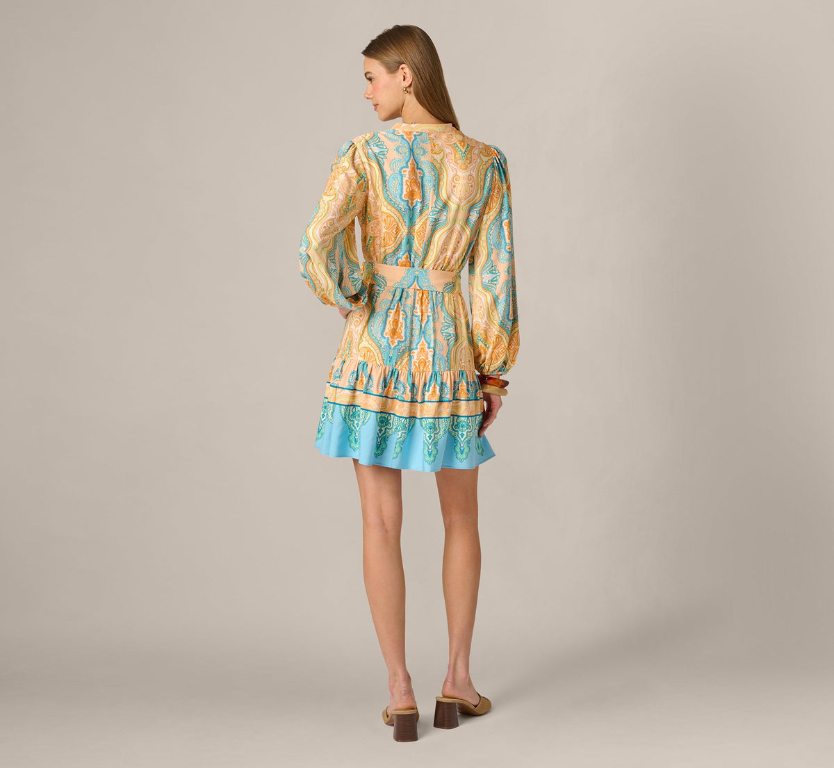 Bishop Sleeve Paisley Print Belted Short Dress - Peach Multi | Adrianna Papell