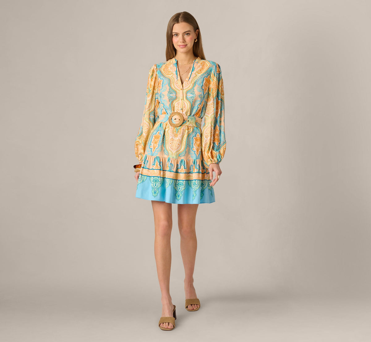 Bishop Sleeve Paisley Print Belted Short Dress - Peach Multi | Adrianna Papell