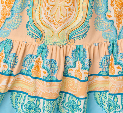Bishop Sleeve Paisley Print Belted Short Dress - Peach Multi | Adrianna Papell