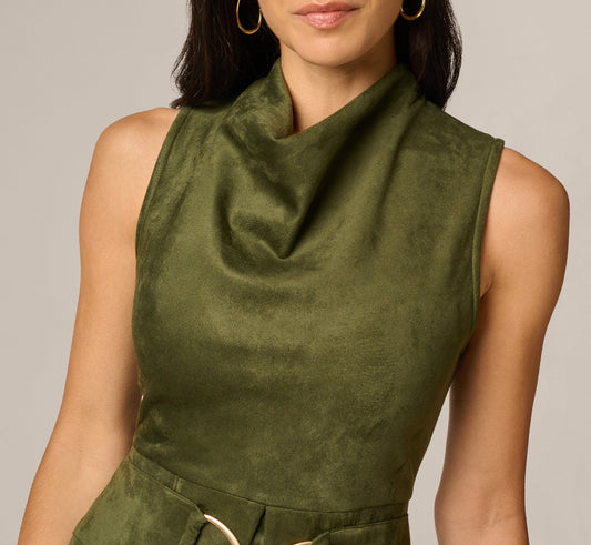 Microsuede Cowl Neck Tie Front Mini Dress - Olive | Adrianna Papell