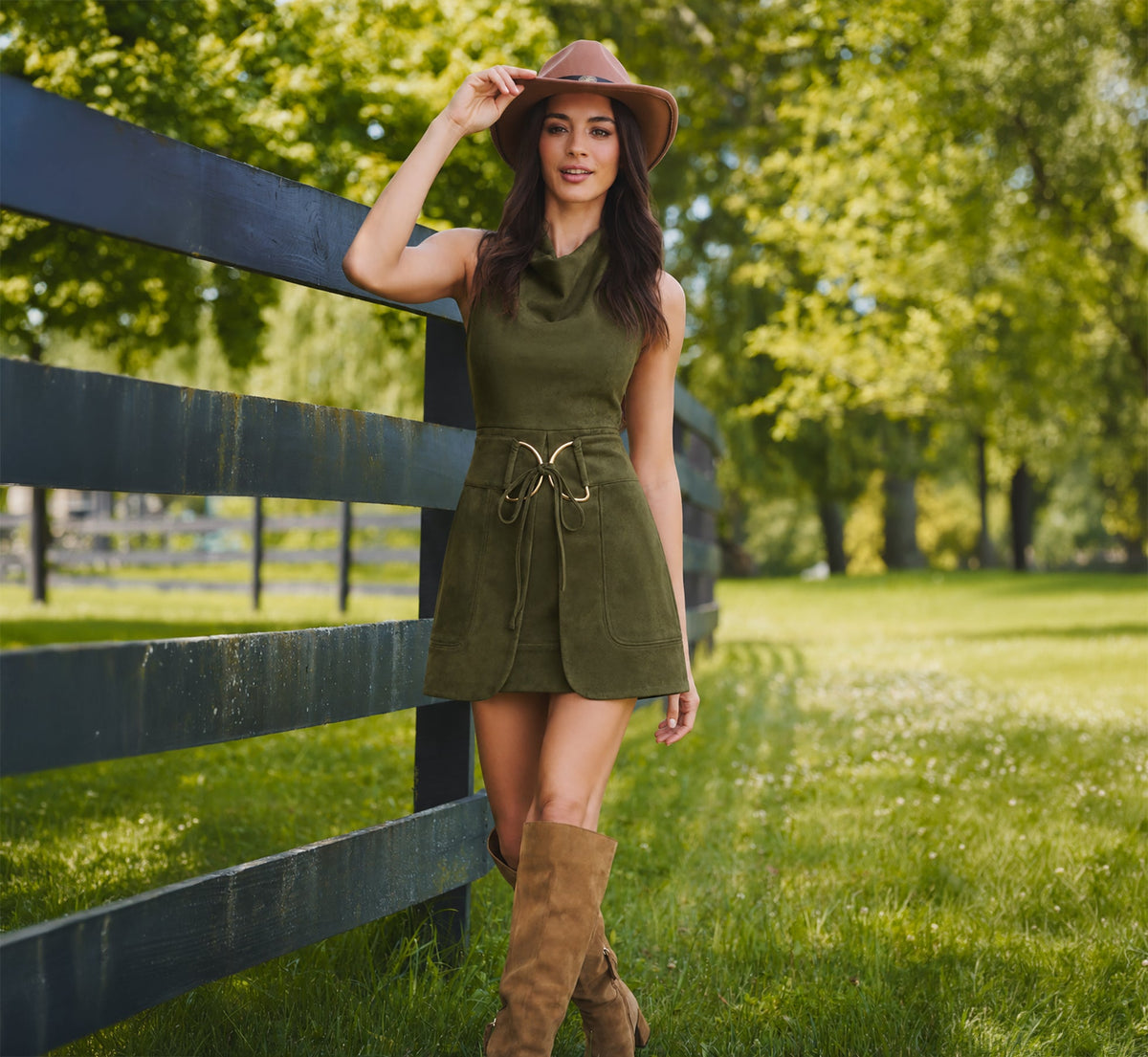 Microsuede Cowl Neck Tie Front Mini Dress - Olive | Adrianna Papell