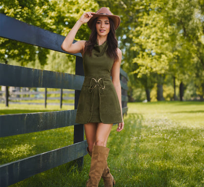 Microsuede Cowl Neck Tie Front Mini Dress - Olive | Adrianna Papell