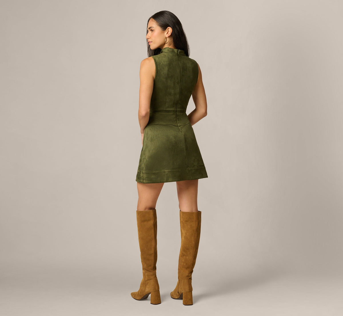 Microsuede Cowl Neck Tie Front Mini Dress - Olive | Adrianna Papell